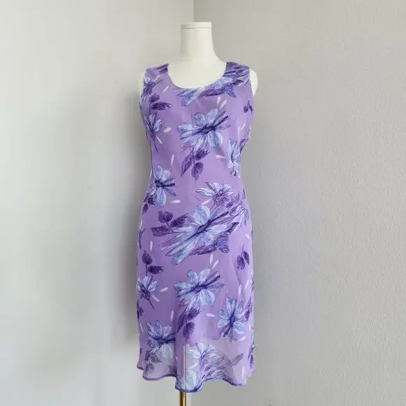 Vintage 90s Studio I Lilac Purple Floral Sheer Overlay Sleeveless Midi Dress L - Picture 8 of 8